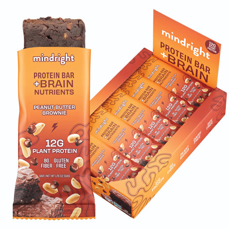Mindright Superfood Vegan Protein Bar | Gluten Free, Non-Gmo, Low Sugar | Brain Food Snack to Enhance Mood, Energy, and Focus | Pack of 12 (Peanut Butter Cup)