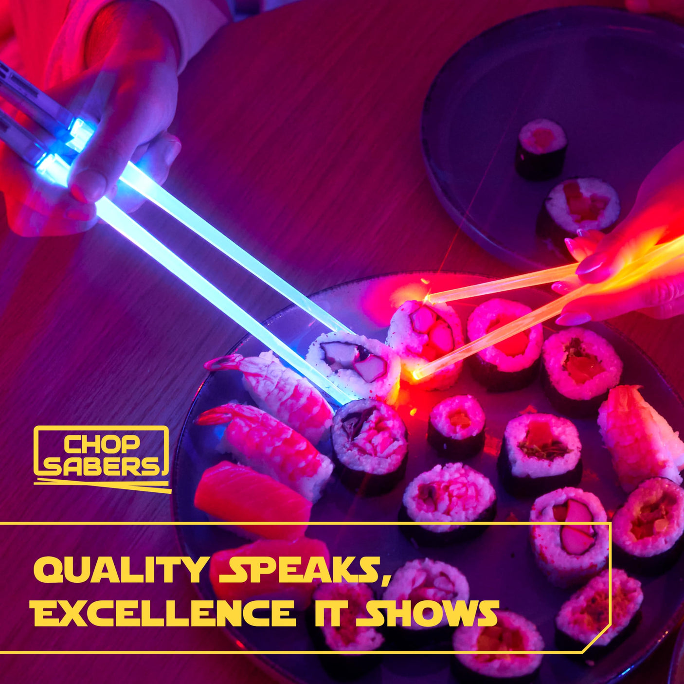 LIGHTSABER CHOPSTICKS LIGHT UP STAR WARS LED Glowing Light Saber Chop Sticks REUSABLE Sushi Lightup Sabers Bright LEDs - 8 Color Modes - 2 Pairs