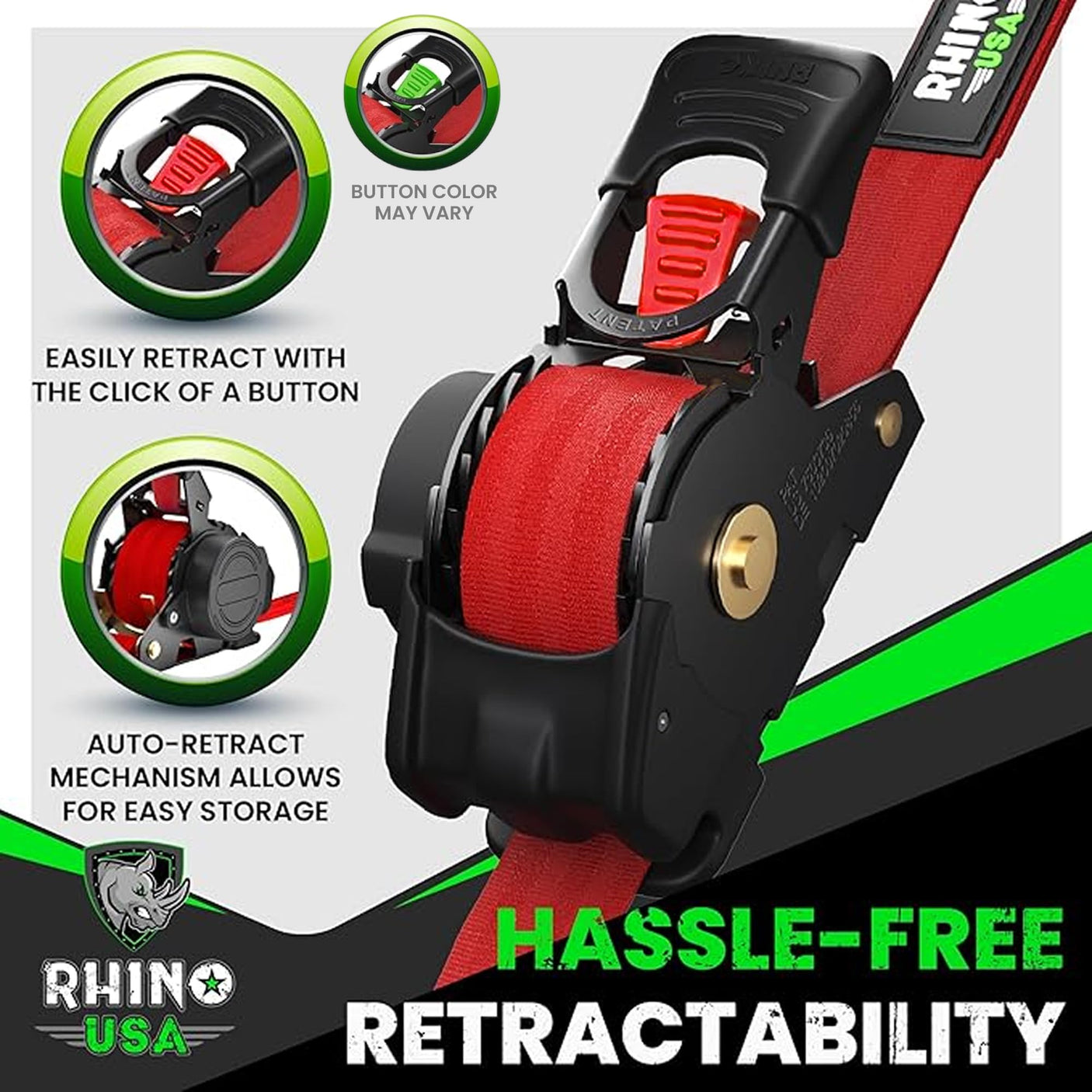 Rhino USA Retractable Ratchet Straps (4-Pack) - 1 Inch x 10 Feet (1,209lb Break Strength) - Heavy Duty Auto Self Retracting Tie Down Straps for Truck, Cargo Trailer, Motorcycle, Rad & More - Green