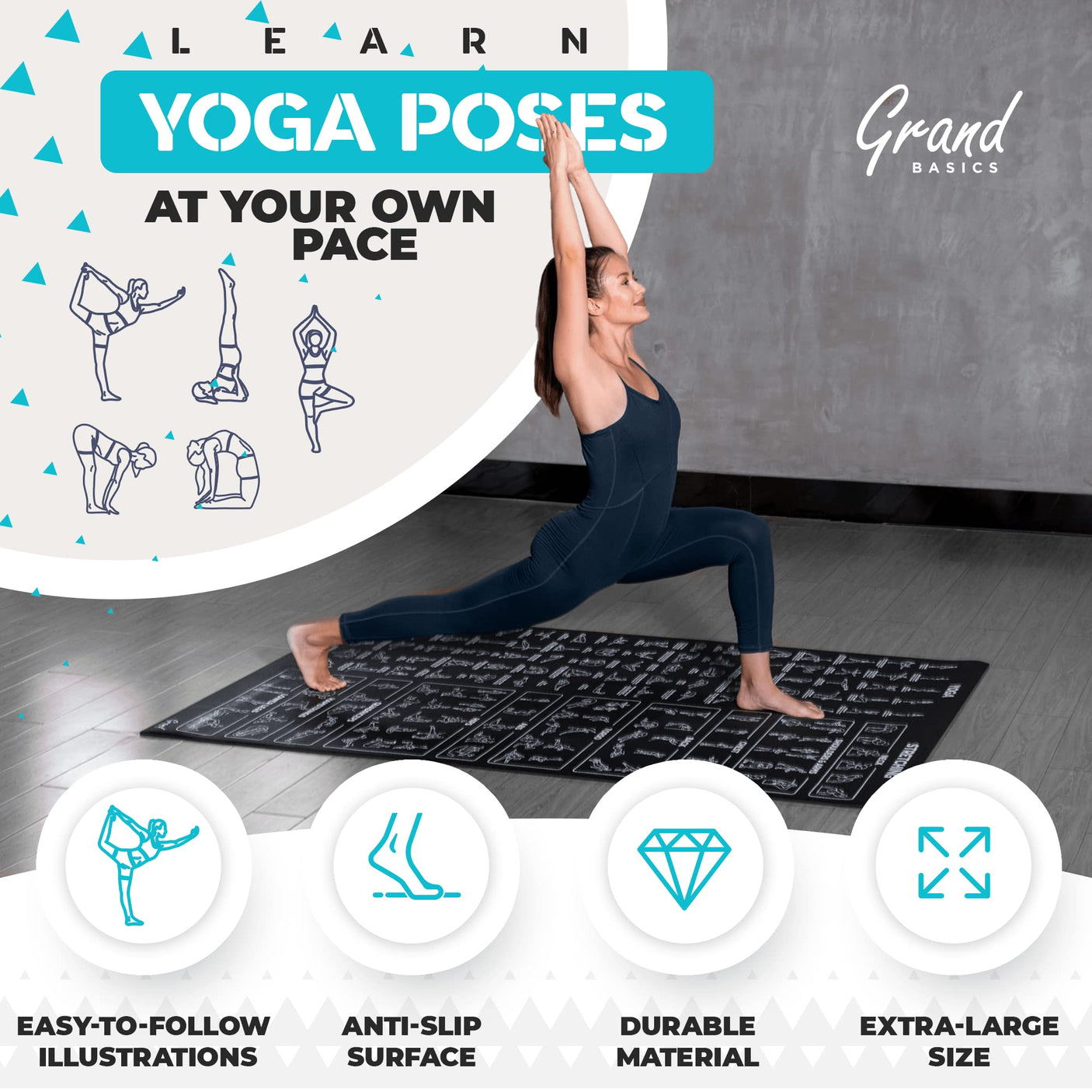 Extra-Large Instructional Yoga Mat with Poses Printed On It - 3X Bigger & 2X Wider than Regular Workout Mats - 150 Illustrated Yoga Poses and Stretches - Wide, Non-Slip, Barefoot Exercise Mat