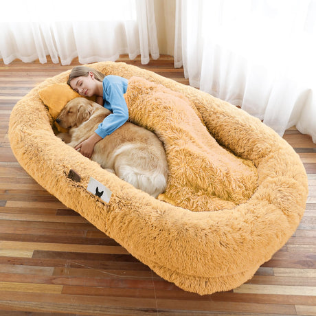 Human Dog Bed, Large Dog Beds for Humans Size Fits You and Pets, Washable Faux Fur Orthopedic Human Pet Bed for People Doze Off, Napping, Present Pillow, Blanket, Strap - Khaki