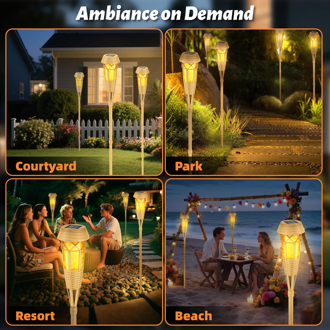 Flickering Flames Solar Powered Lights - Upgraded Solar Torches Waterproof Outdoor Decorative Lighting Auto On/Off, Handmade Bamboo Finish, 2-Pack