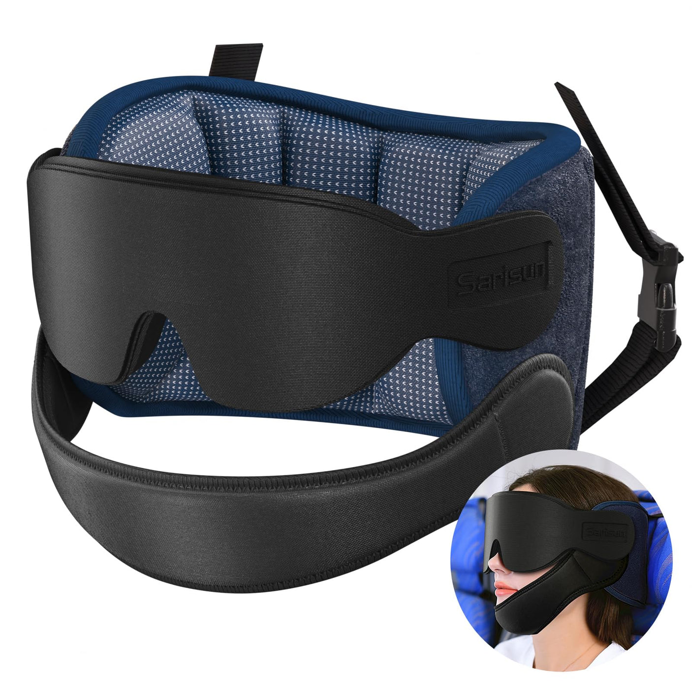 Airplane Pillow Combo with Chin Strap, Travel Pillows for Airplanes with Sleep Eye Mask, Plane Pillow for Long Flights, Car Road Trip, 360° Headrest, Stop Bobblehead, Black