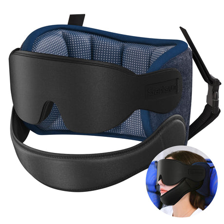 Airplane Pillow Combo with Chin Strap, Travel Pillows for Airplanes with Sleep Eye Mask, Plane Pillow for Long Flights, Car Road Trip, 360° Headrest, Stop Bobblehead, Black