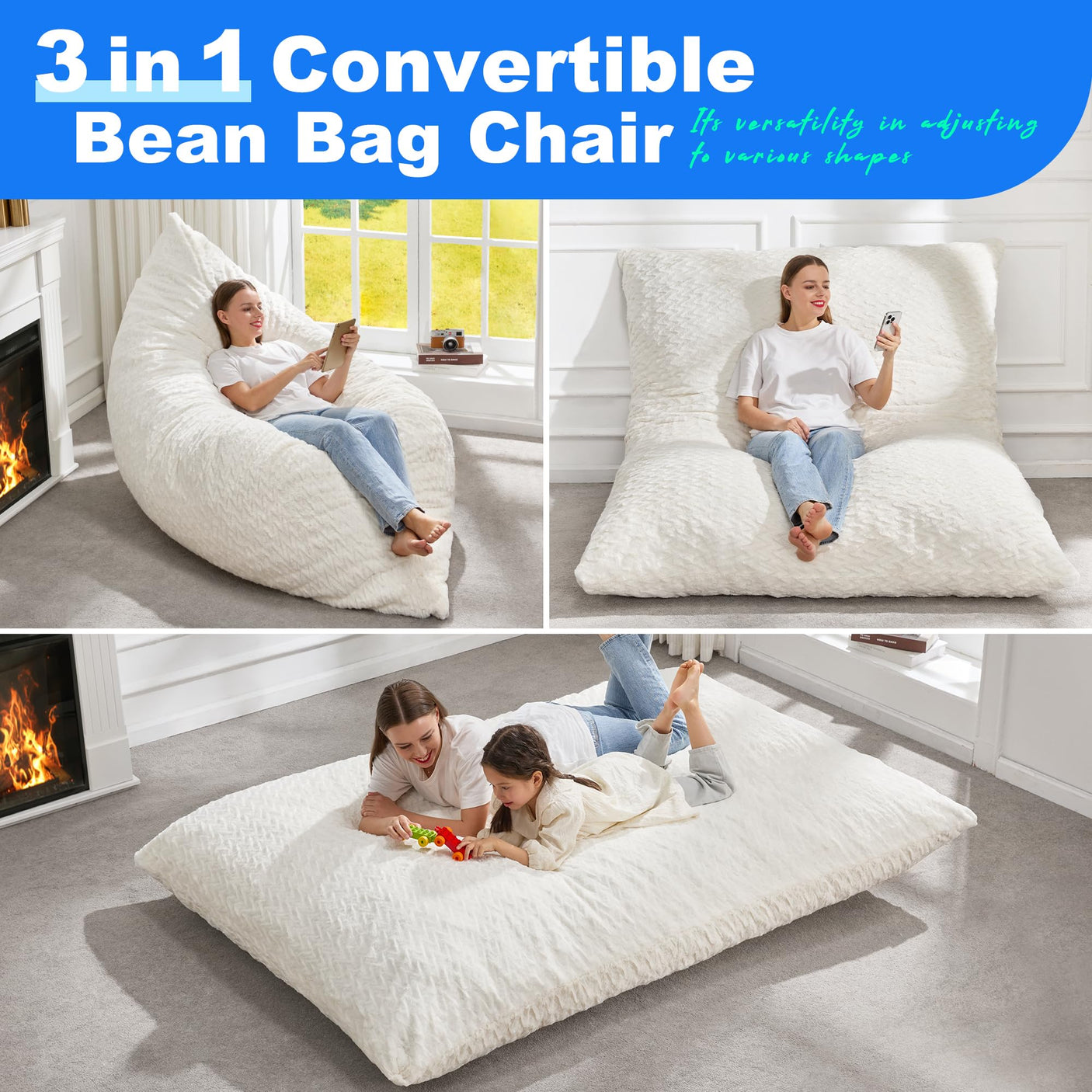 Hobestluk 3 in 1 Bean Bag Chair Giant Bean Bag Chairs Convertible Bean Bag Floor Cushion with Machine Washable Cover, Beanbag Chairs for Adult (Dark Grey)
