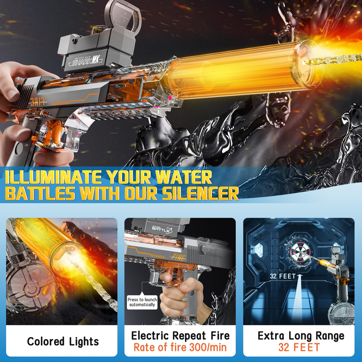 Powerful Electric Water Gun, Glowing Silencer, Automatic Squirt Gun up to 32Ft Long Range, 300 Water Shots, Classic Strong Squirt Gun, Summer Outdoor Swimming Pool Water Toy for Adult/Kids Gray