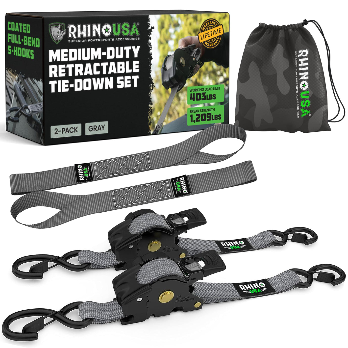 Rhino USA Retractable Ratchet Straps (4-Pack) - 1 Inch x 10 Feet (1,209lb Break Strength) - Heavy Duty Auto Self Retracting Tie Down Straps for Truck, Cargo Trailer, Motorcycle, Rad & More - Green