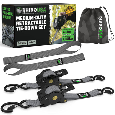 Rhino USA Retractable Ratchet Straps (4-Pack) - 1 Inch x 10 Feet (1,209lb Break Strength) - Heavy Duty Auto Self Retracting Tie Down Straps for Truck, Cargo Trailer, Motorcycle, Rad & More - Green