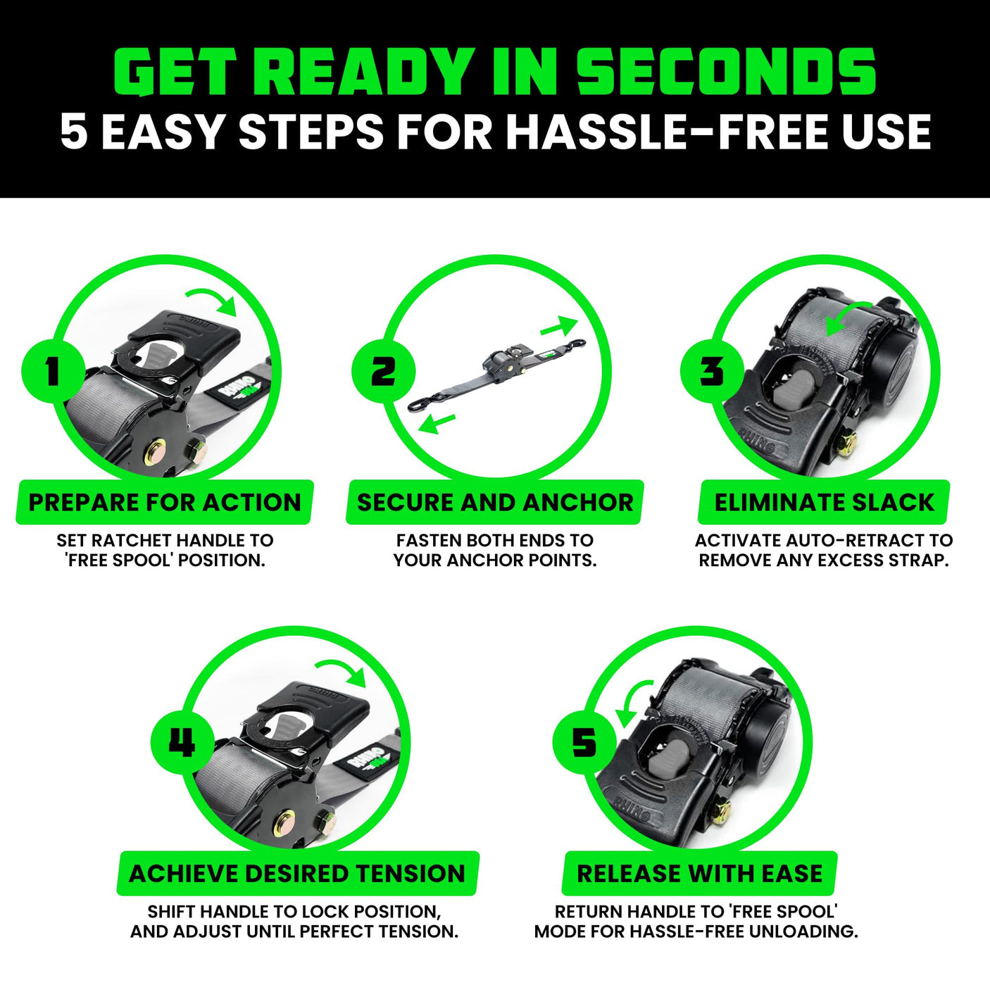 Rhino USA Retractable Ratchet Straps (4-Pack) - 1 Inch x 10 Feet (1,209lb Break Strength) - Heavy Duty Auto Self Retracting Tie Down Straps for Truck, Cargo Trailer, Motorcycle, Rad & More - Green