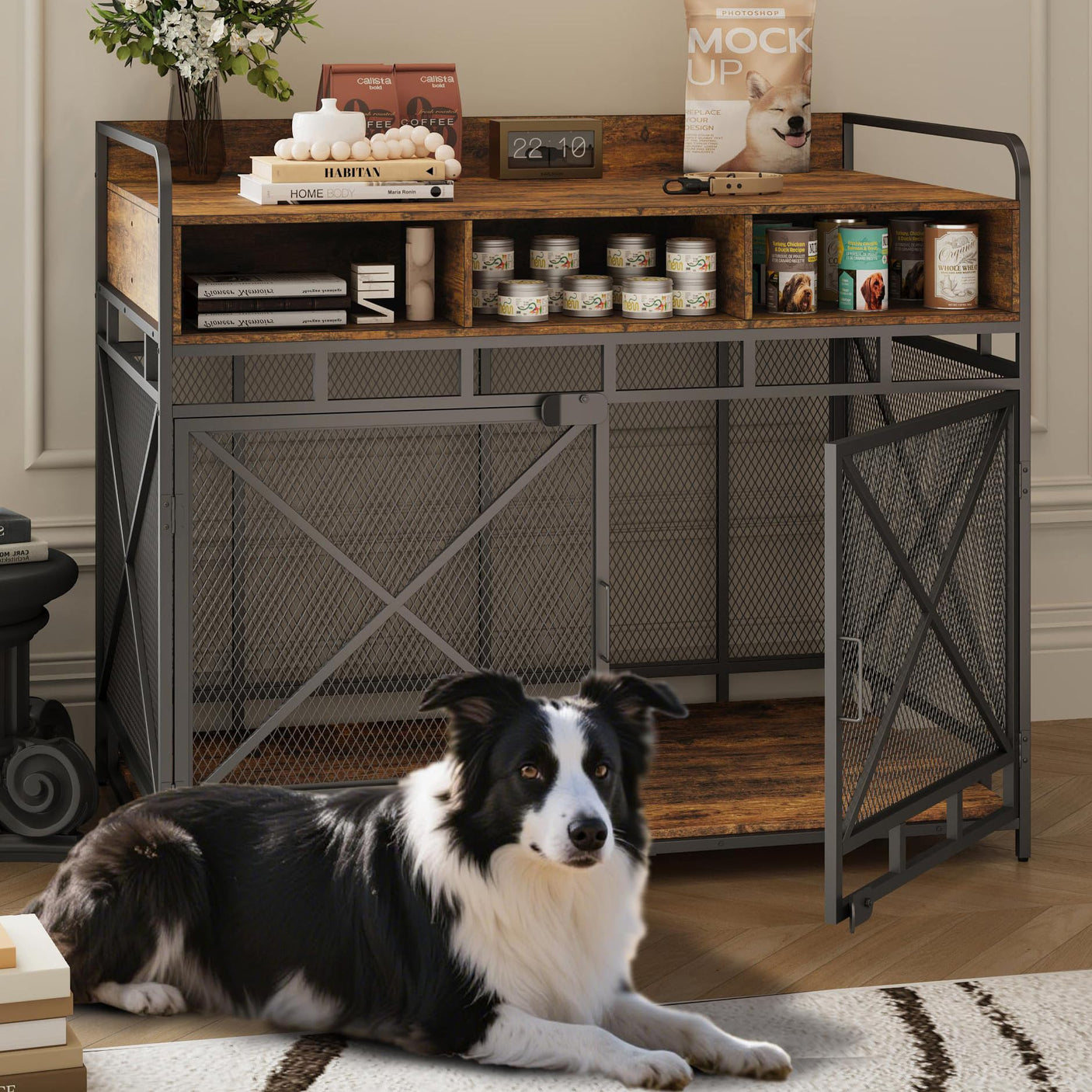 Dog Crate Furniture, 43 Inch Large Dog Kennel End Table with 3 Drawers, Heavy Duty Dog Crate for Large Dogs, Wooden Decorative XL Dog Cage Indoor 43.3" L x 27.6" W x 35.7" H (Rustic Brown)