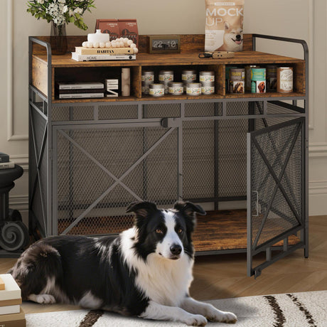 Dog Crate Furniture, 43 Inch Large Dog Kennel End Table with 3 Drawers, Heavy Duty Dog Crate for Large Dogs, Wooden Decorative XL Dog Cage Indoor 43.3" L x 27.6" W x 35.7" H (Rustic Brown)