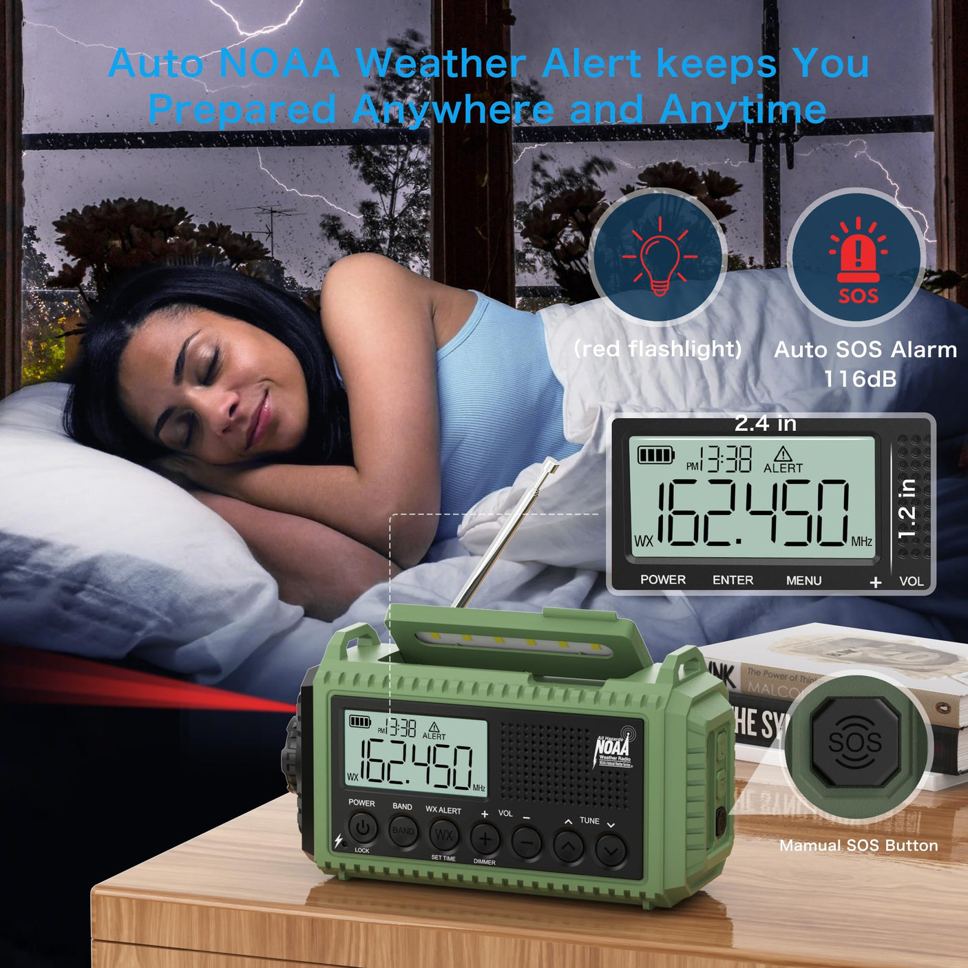NOAA Weather Radio, Emergency Hand Crank Radio with Solar Charger, Portable Battery Operated AM FM Shortwave Radio with LED Flashlight, USB Charger, Earbud Jack, SOS Alert for Home Survival Hurricane