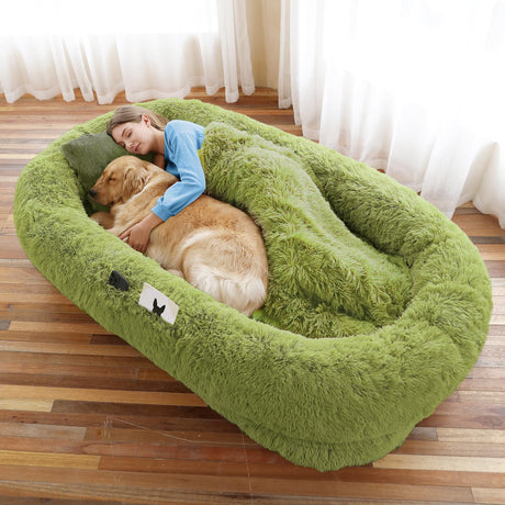 Human Dog Bed, Large Dog Beds for Humans Size Fits You and Pets, Washable Faux Fur Orthopedic Human Pet Bed for People Doze Off, Napping, Present Pillow, Blanket, Strap - Khaki