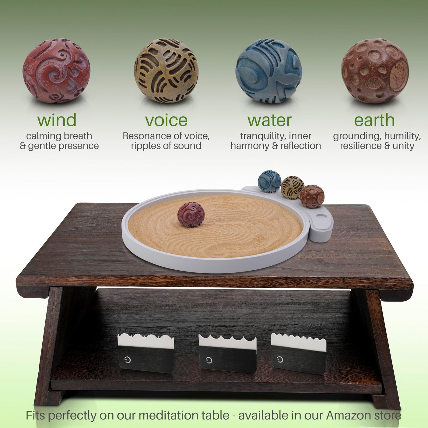 Japanese Zen Garden Kit for Desk - Premium Sand Garden - Mini Zen Décor Office Desktop Accessories - Bamboo Crafted Meditation Therapy Tray - Gift Set - 4 Stamp Spheres Natural Rake Custom Holder