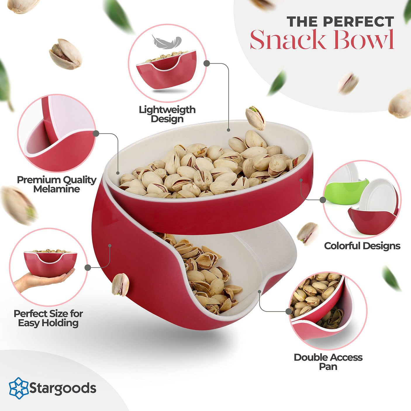 Pistachio Bowl, Snack Serving Dish, Double Peanut Bowl with Nut Seeds Shell Candy Storage, Green