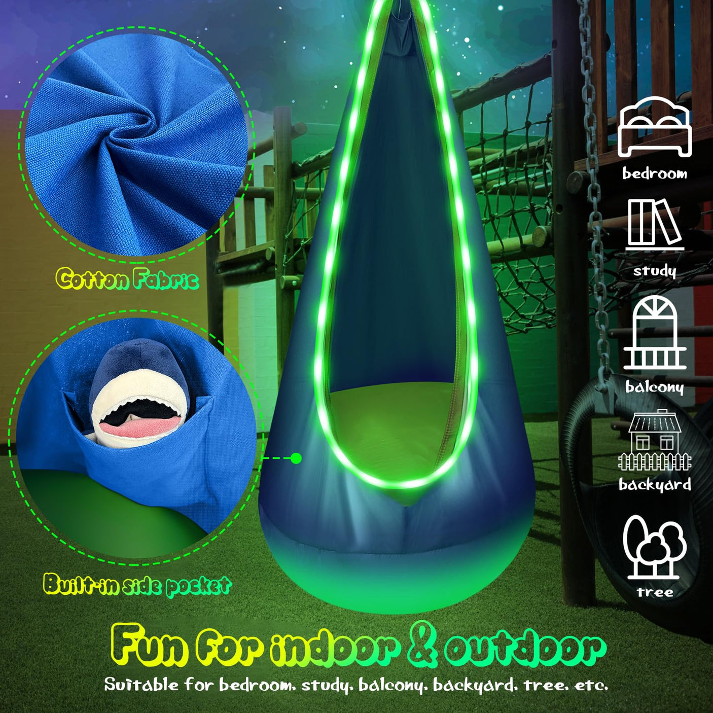 Light Up Kids Pod Swing Seat, Upgraded Kids Hanging Hammock Swing with LED Lights, Cotton Sensory Pod Swing Chair with Inflatable Pillow, Pod Swing for Kids Indoor & Outdoor (1 PCS) (Blue)