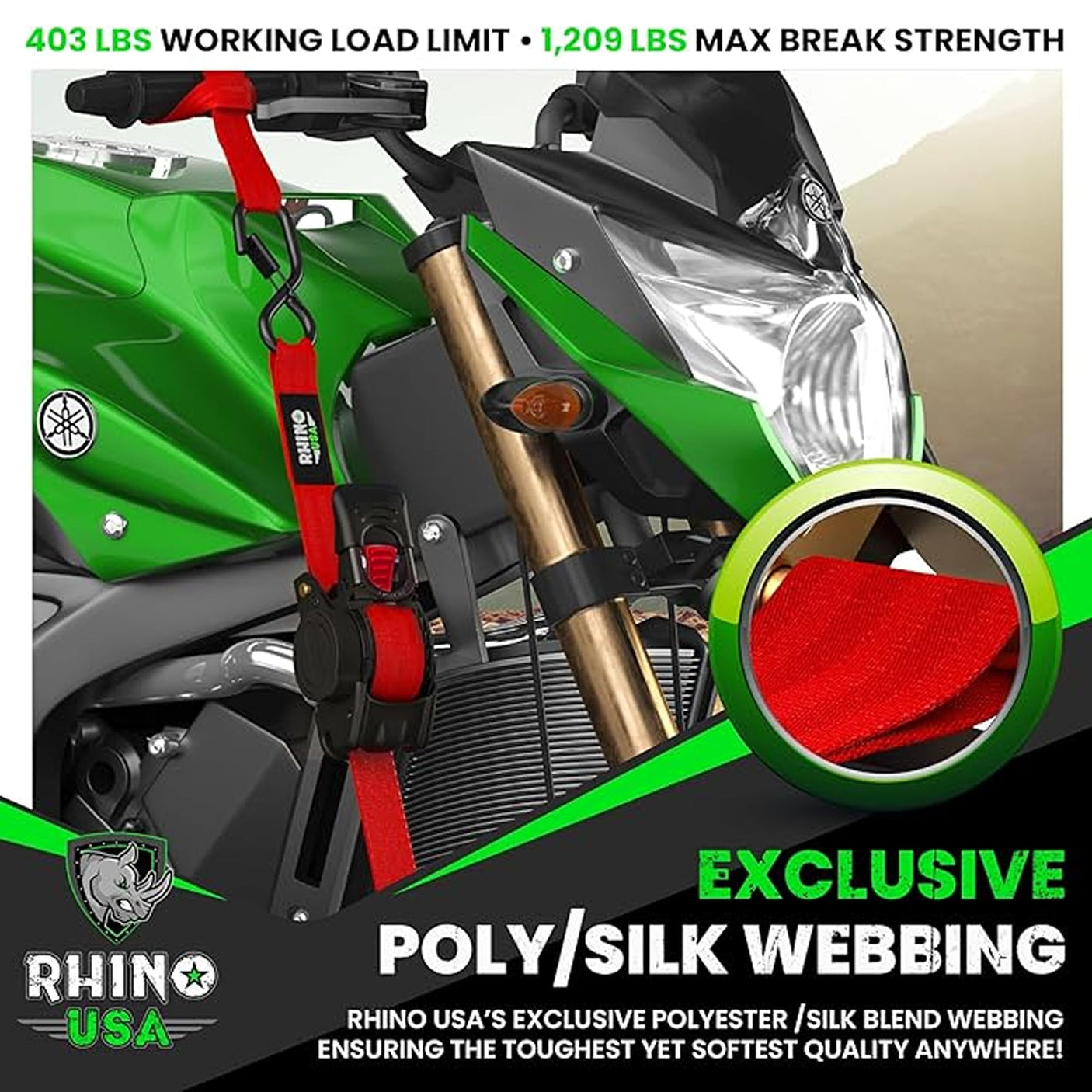 Rhino USA Retractable Ratchet Straps (4-Pack) - 1 Inch x 10 Feet (1,209lb Break Strength) - Heavy Duty Auto Self Retracting Tie Down Straps for Truck, Cargo Trailer, Motorcycle, Rad & More - Green