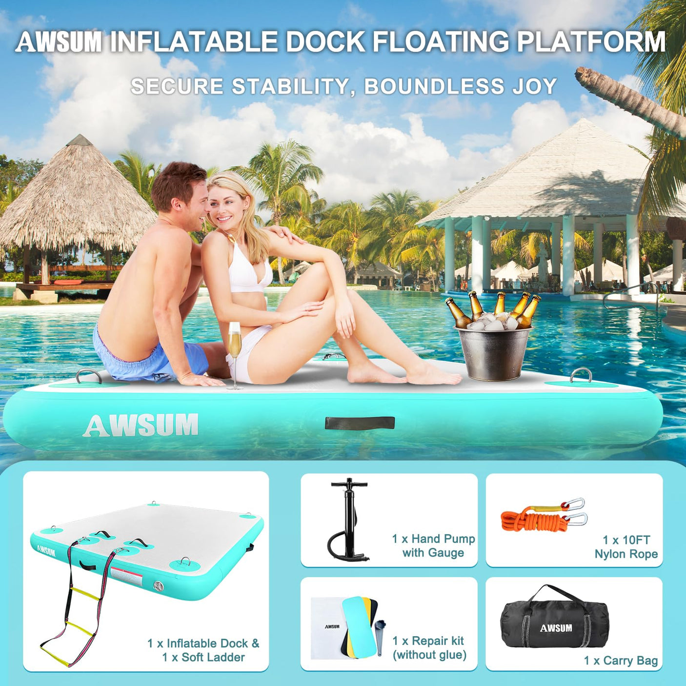 AWSUM Inflatable Floating Dock Air Dock Platform Floating Island Raft with None-Slip Surface for Pool Beach Ocean