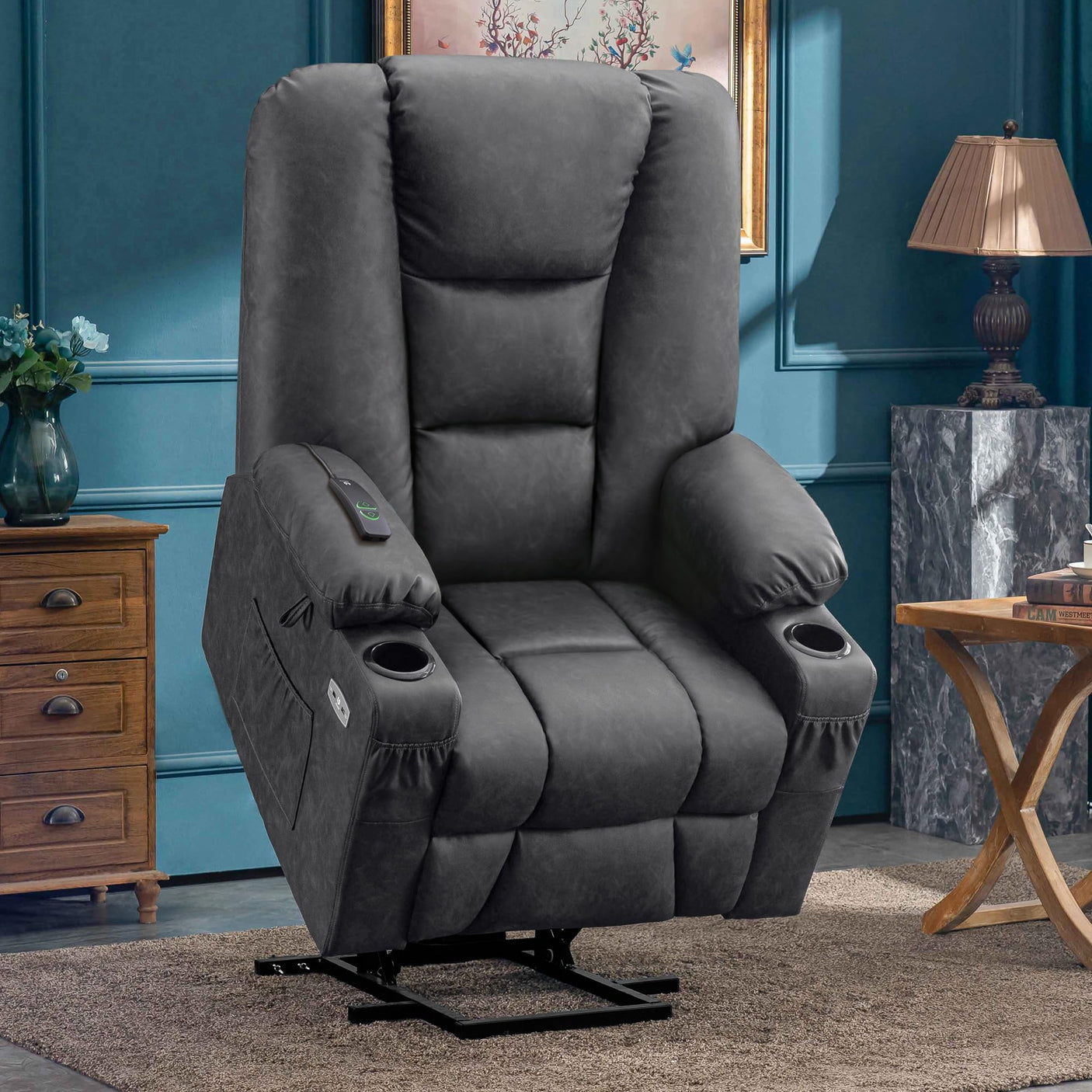 MCombo Power Lift Recliner Chair for Elderly, Lift Chair with Heat and Massage, USB Ports, Cup Holders, Faux Leather 7519 (Medium, Dark Brown)