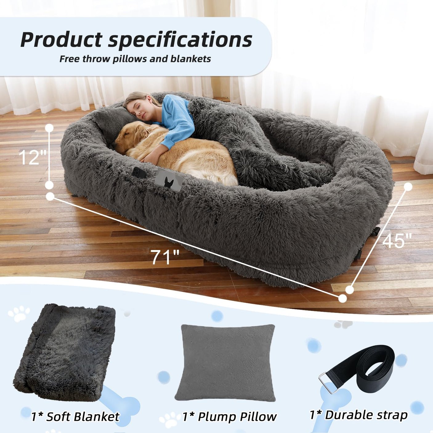Human Dog Bed, Large Dog Beds for Humans Size Fits You and Pets, Washable Faux Fur Orthopedic Human Pet Bed for People Doze Off, Napping, Present Pillow, Blanket, Strap - Khaki