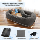 Human Dog Bed, Large Dog Beds for Humans Size Fits You and Pets, Washable Faux Fur Orthopedic Human Pet Bed for People Doze Off, Napping, Present Pillow, Blanket, Strap - Khaki
