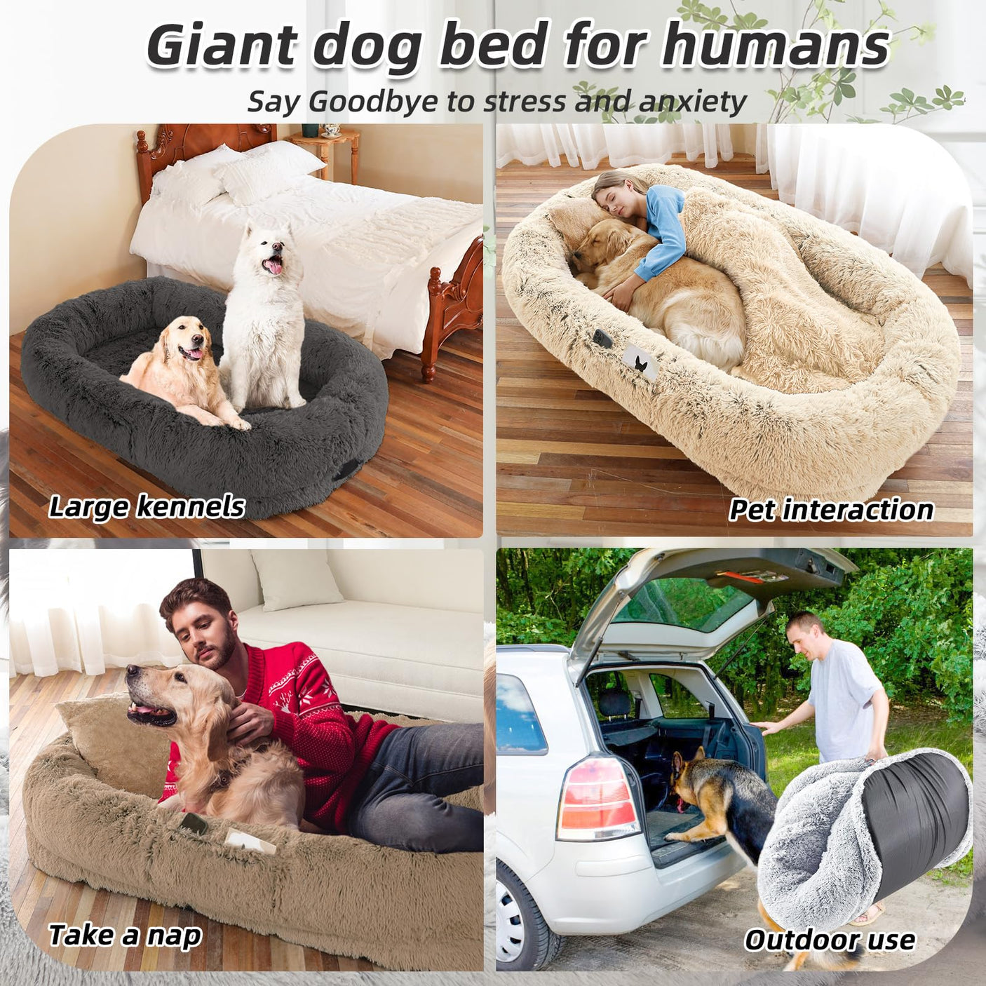 Human Dog Bed, Large Dog Beds for Humans Size Fits You and Pets, Washable Faux Fur Orthopedic Human Pet Bed for People Doze Off, Napping, Present Pillow, Blanket, Strap - Khaki