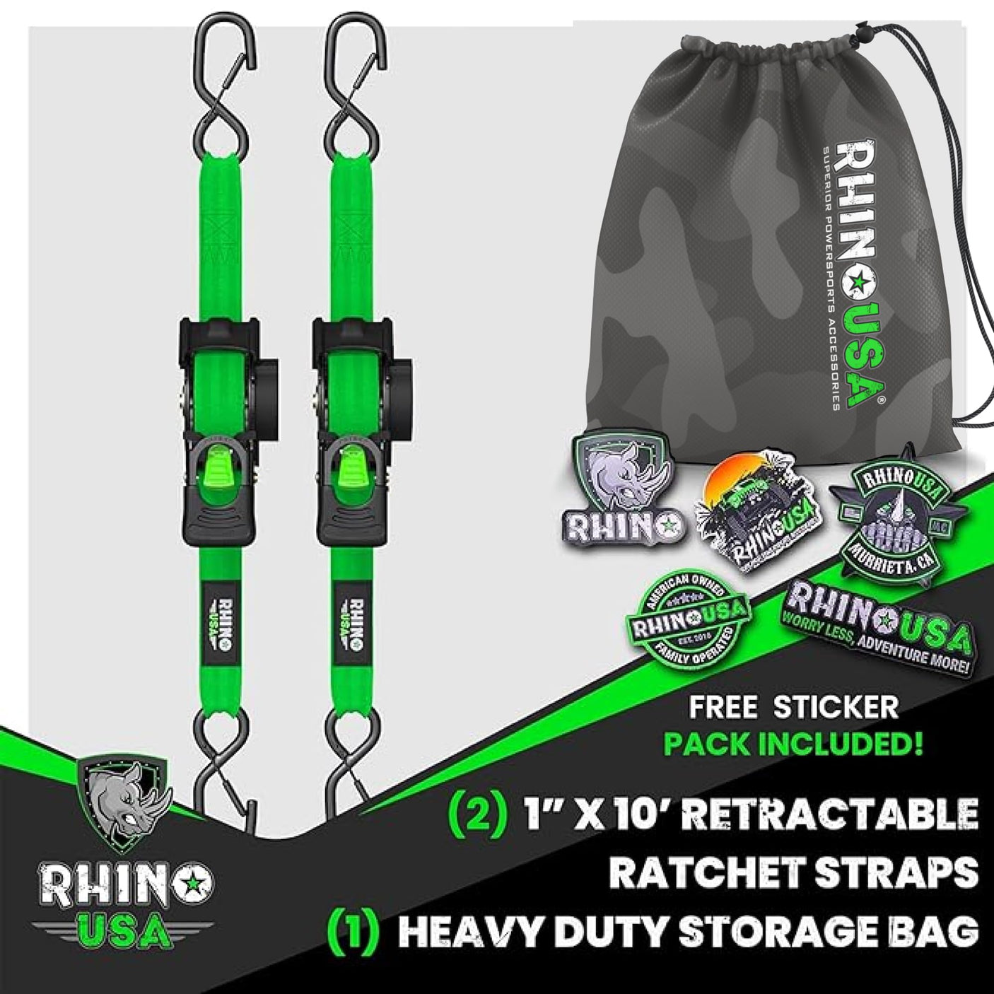 Rhino USA Retractable Ratchet Straps (4-Pack) - 1 Inch x 10 Feet (1,209lb Break Strength) - Heavy Duty Auto Self Retracting Tie Down Straps for Truck, Cargo Trailer, Motorcycle, Rad & More - Green