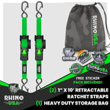 Rhino USA Retractable Ratchet Straps (4-Pack) - 1 Inch x 10 Feet (1,209lb Break Strength) - Heavy Duty Auto Self Retracting Tie Down Straps for Truck, Cargo Trailer, Motorcycle, Rad & More - Green
