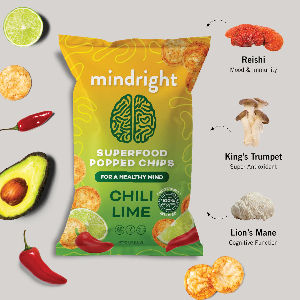 MINDRIGHT Superfood Vegan Nootropic Snack Popped Veggie Chips Variety Pack - Gluten Free Non-Gmo Grain Free - Brain Food Healthy Chips To Help Enhance Mood, Energy & Focus (4oz, 4 Pack)