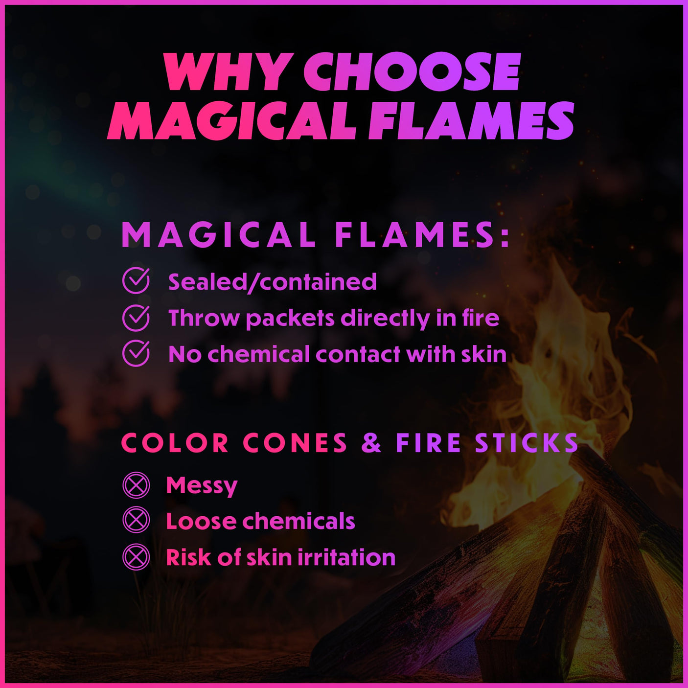 Magical Flames Fire Color Changing Packets for Fire Pit, Indoor/Outdoor Fireplace, Campfires, Bonfires - 25 Pack of Flame Color Changing Packets Camping Accessories