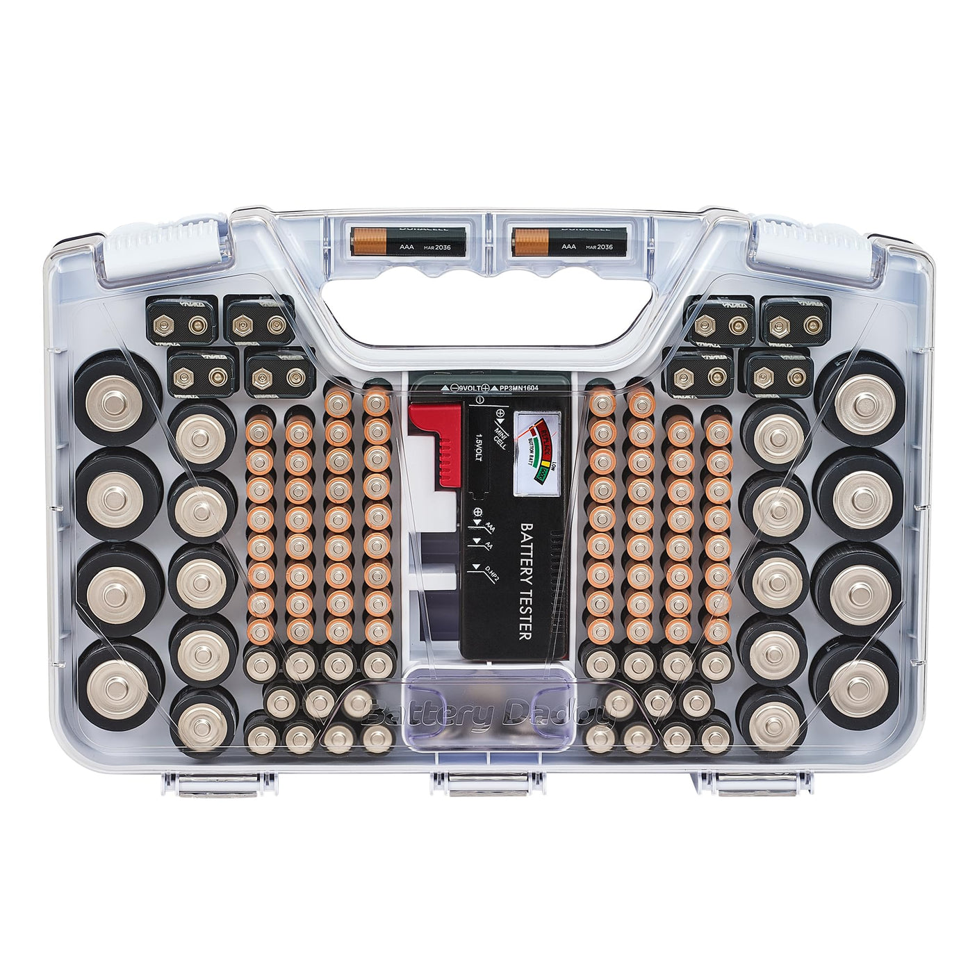Ontel Battery Daddy Storage & Organizer Case with Tester, Stores & Protects Up to 180 Batteries, Double-Sided, Durable Design W/Clear Locking Lid, Secure Latches & Portable Carrying Handle- Warm Grey