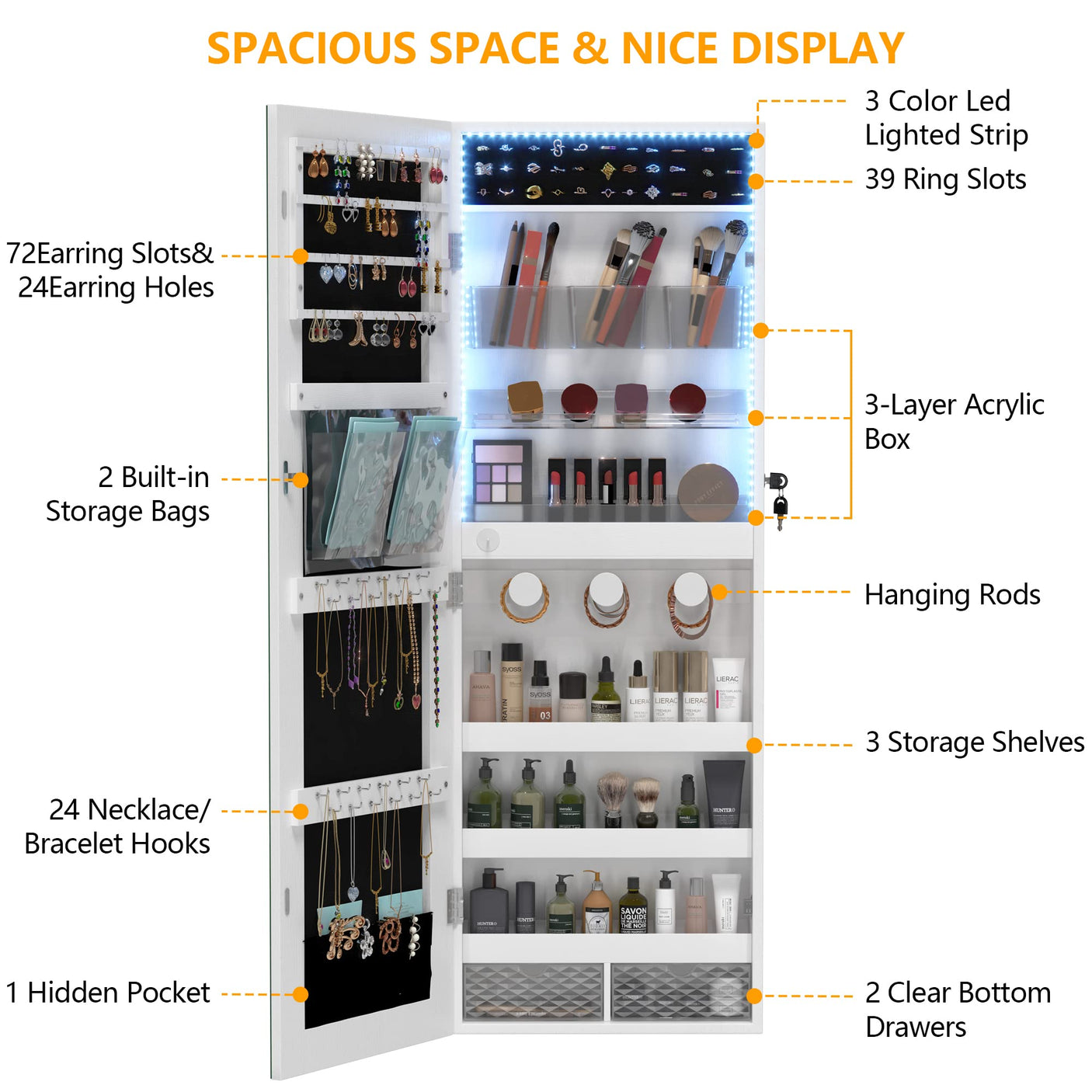 LVSOMT Wall/Door Hanging Mirror with Jewelry Storage, Lockable Jewelry Armoire Organizer with LED Lights, Mirror Jewelry Cabinet,Brown