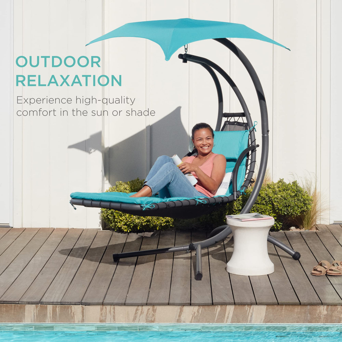 Best Choice Products Outdoor Hanging Curved Steel Chaise Lounge Chair Swing w/Built-in Pillow and Removable Canopy -Red
