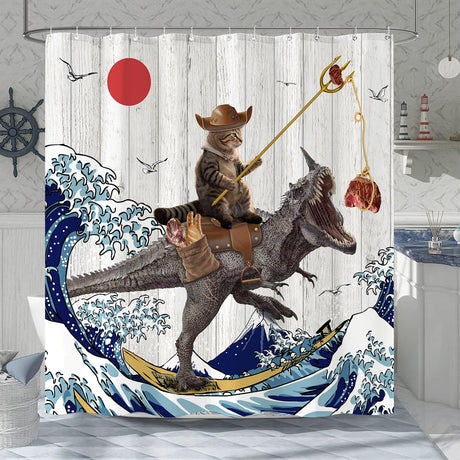 Fowocu Funny Cat Shower Curtain Set Teal Blue Sea Ocean Waterproof Fabric Shower Curtains with Animal Octopus Starfish Turtle Anchor Fish Nautical Bathroom Decor (Blue, 72''×72'')