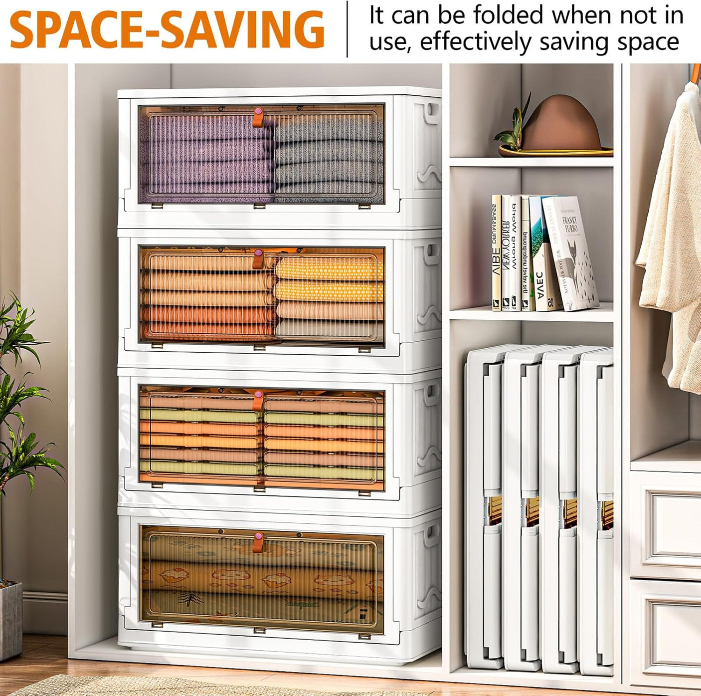 4 Tier Storage Bins with Lids 103QT - Stackable Storage Containers with Wheels, Folding Storage Boxes, Stackable Storage Bins, Closet Organizers and Storage for Living Room,Office