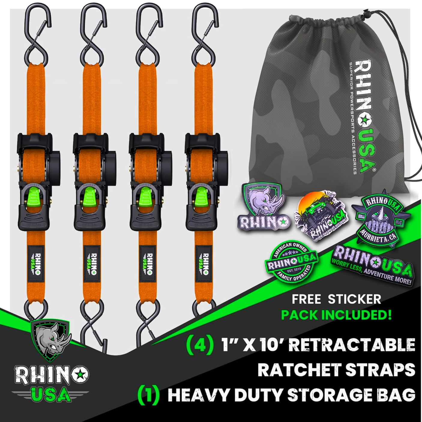 Rhino USA Retractable Ratchet Straps (4-Pack) - 1 Inch x 10 Feet (1,209lb Break Strength) - Heavy Duty Auto Self Retracting Tie Down Straps for Truck, Cargo Trailer, Motorcycle, Rad & More - Green