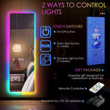 LVSOMT LED RGB Full Length Mirror, Full Body Mirror with Lights, Wall Mounted Lighted Mirror, Over The Door Hanging Mirror, 14 LED Light + Dimmable Brightness + Adjustable Speed, 47" x 16"