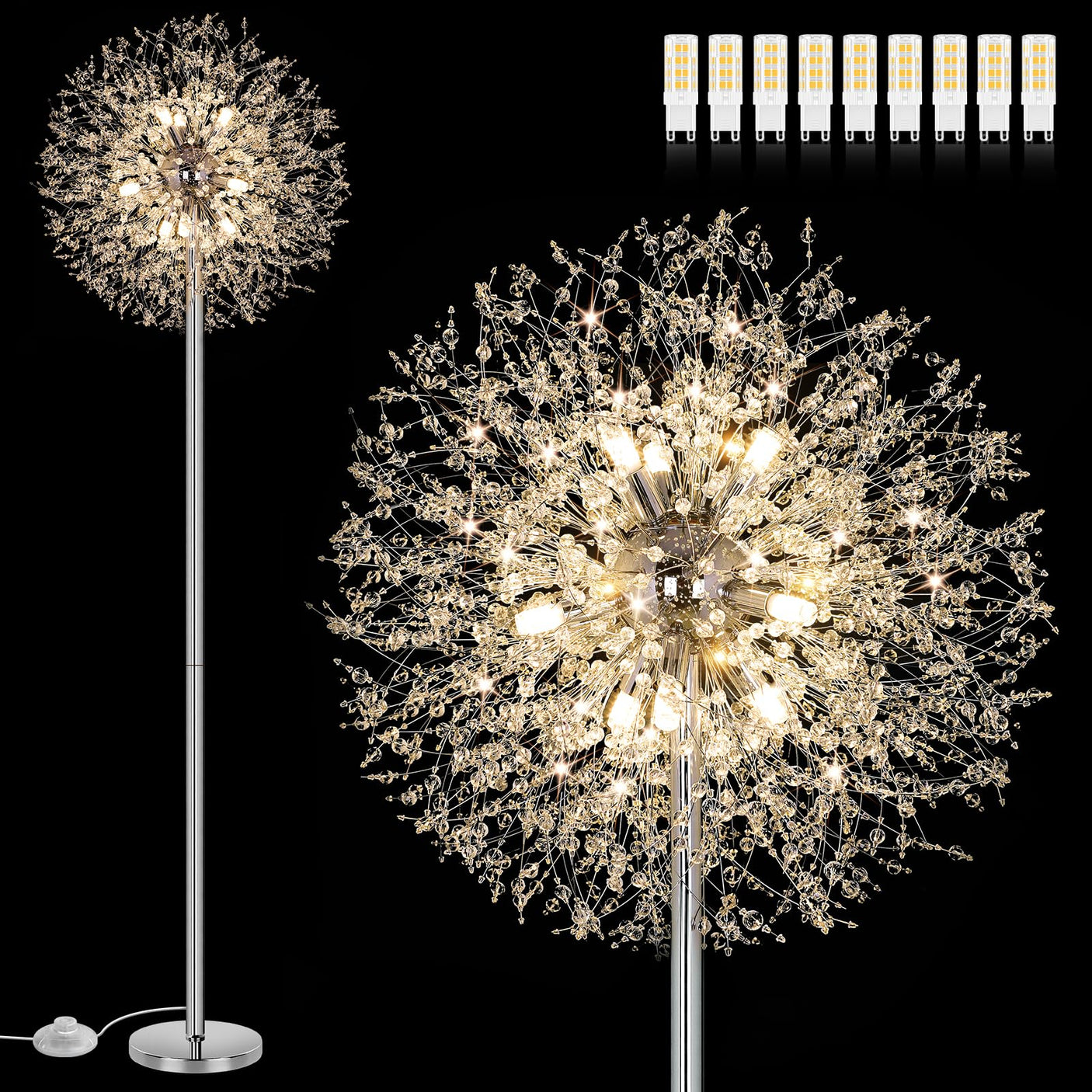 BesLowe 69'' Crystal Floor Lamp for Living Room, Modern Standing Lamp with 738PCS K9 Crystals, Tall Lamp Pole Light for Bedroom Office, Mid Century Gold Floor Lighting with 9 LED Bulbs, Antique Brass