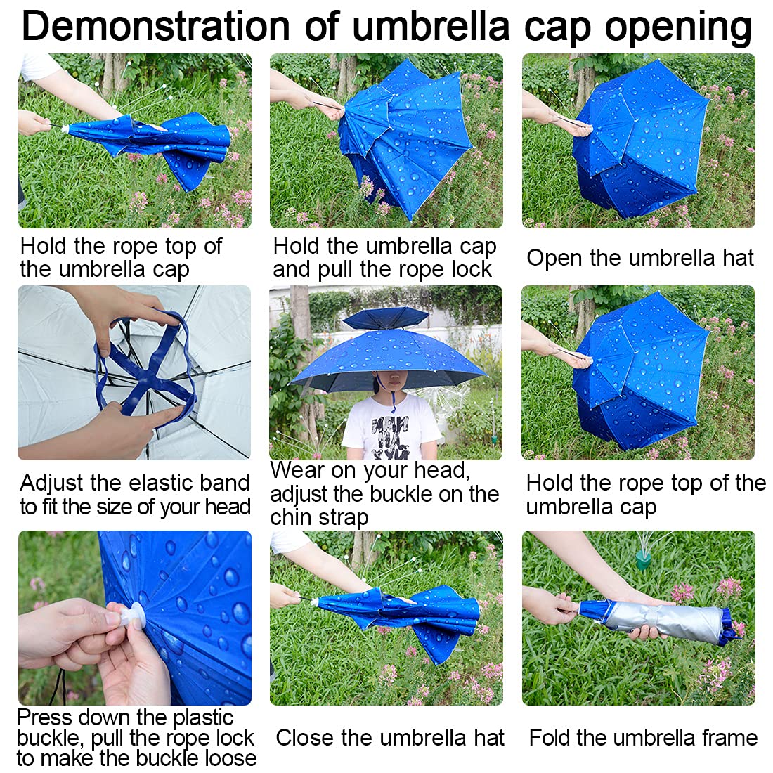 NEW-Vi Fishing Umbrella Hat Folding Adjustable Sun Rain Cap, 37.4”Oversize Hands Free Umbrellas, 7-Ribs Anti-UV Waterproof Headwear for Fishing Gardening Golf Sunshade Outdoor