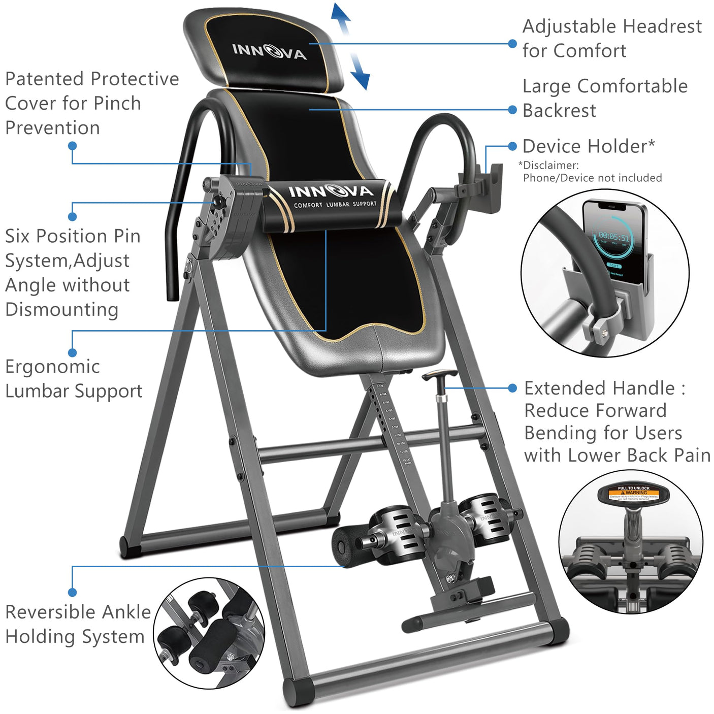 Innova Inversion Table with Adjustable Headrest, Reversible Ankle Holders, and 300 lb Weight Capacity