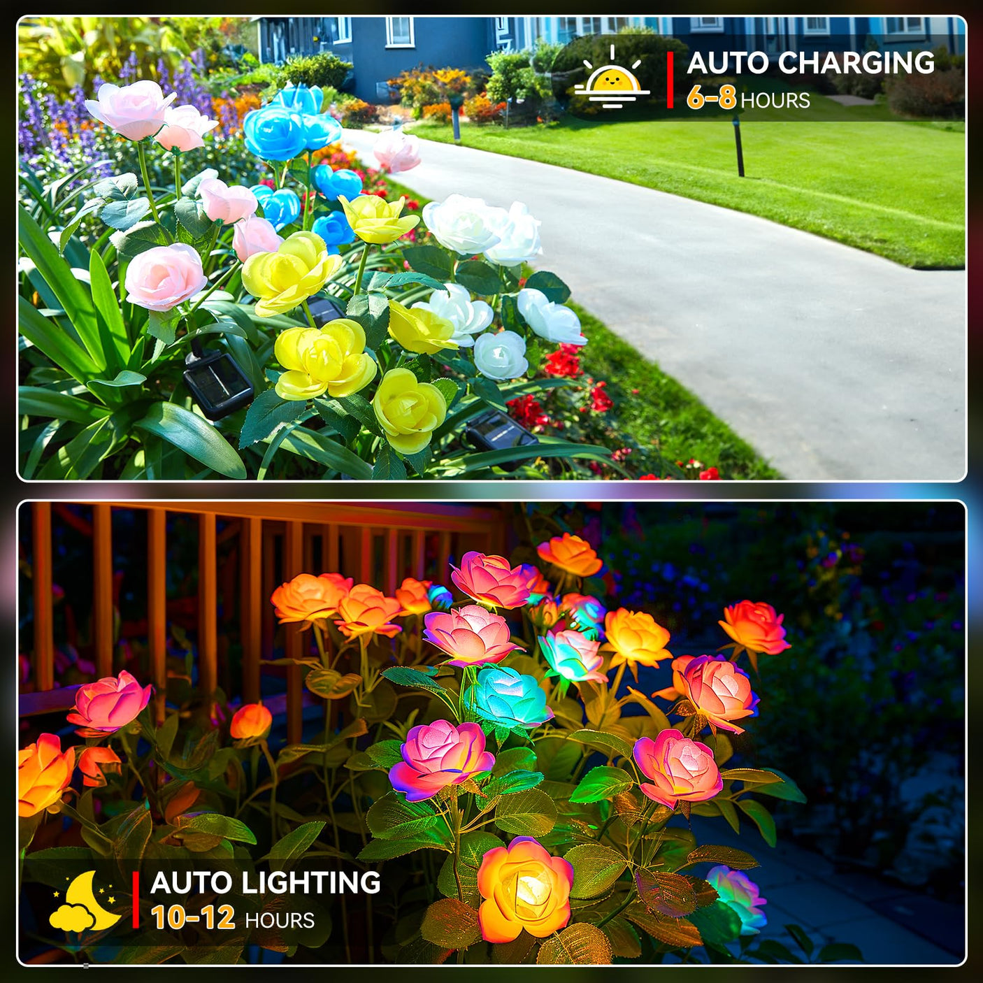 Solar Garden Lights Outdoor, 4 Pack Solar Light Outdoor with 20 Rose Flowers, Waterproof 7 Color Changing Solar Powered Flowers Lights for Outside Patio Yard Pathway