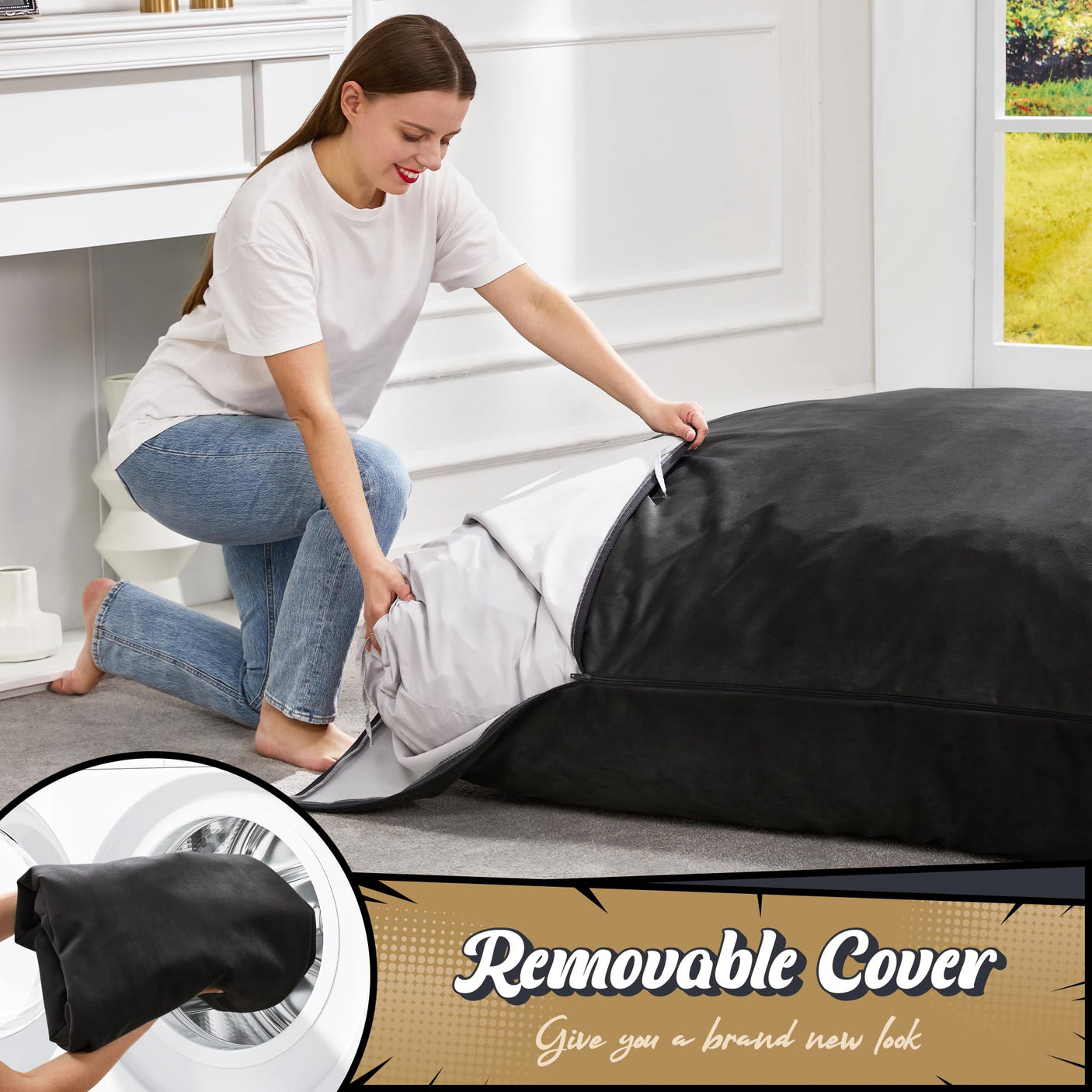 Hobestluk 3 in 1 Bean Bag Chair Giant Bean Bag Chairs Convertible Bean Bag Floor Cushion with Machine Washable Cover, Beanbag Chairs for Adult (Dark Grey)