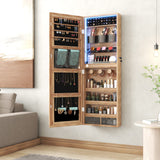 LVSOMT Wall/Door Hanging Mirror with Jewelry Storage, Lockable Jewelry Armoire Organizer with LED Lights, Mirror Jewelry Cabinet,Brown