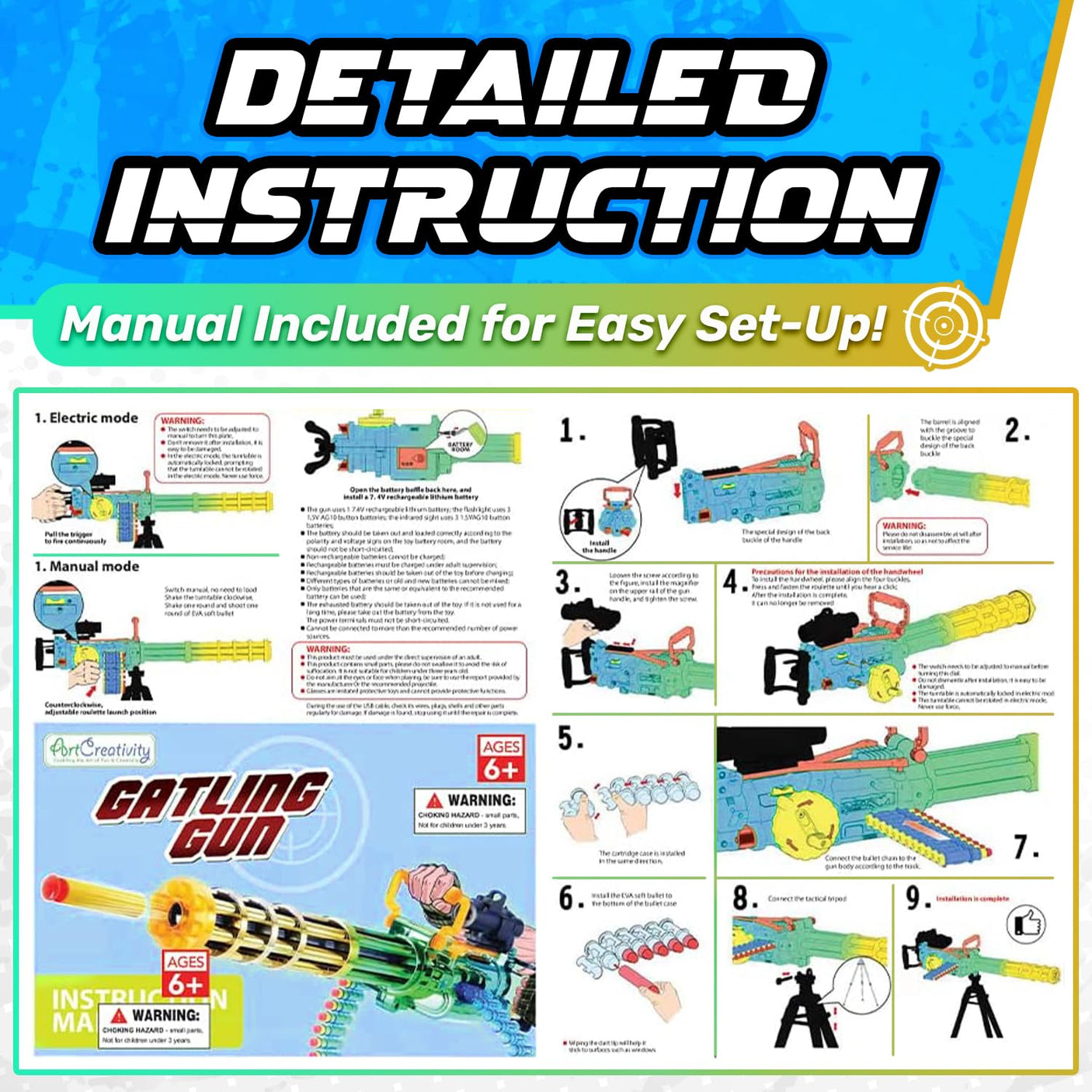 ArtCreativity Dart Gun Super Powerful Electronic Gatling Toy Gun for Kids, Mini Gun Rapid Toy Machine Gun with Foam Dart Blaster, Kids Revolving Toy Minigun with Automatic and Manual Mode