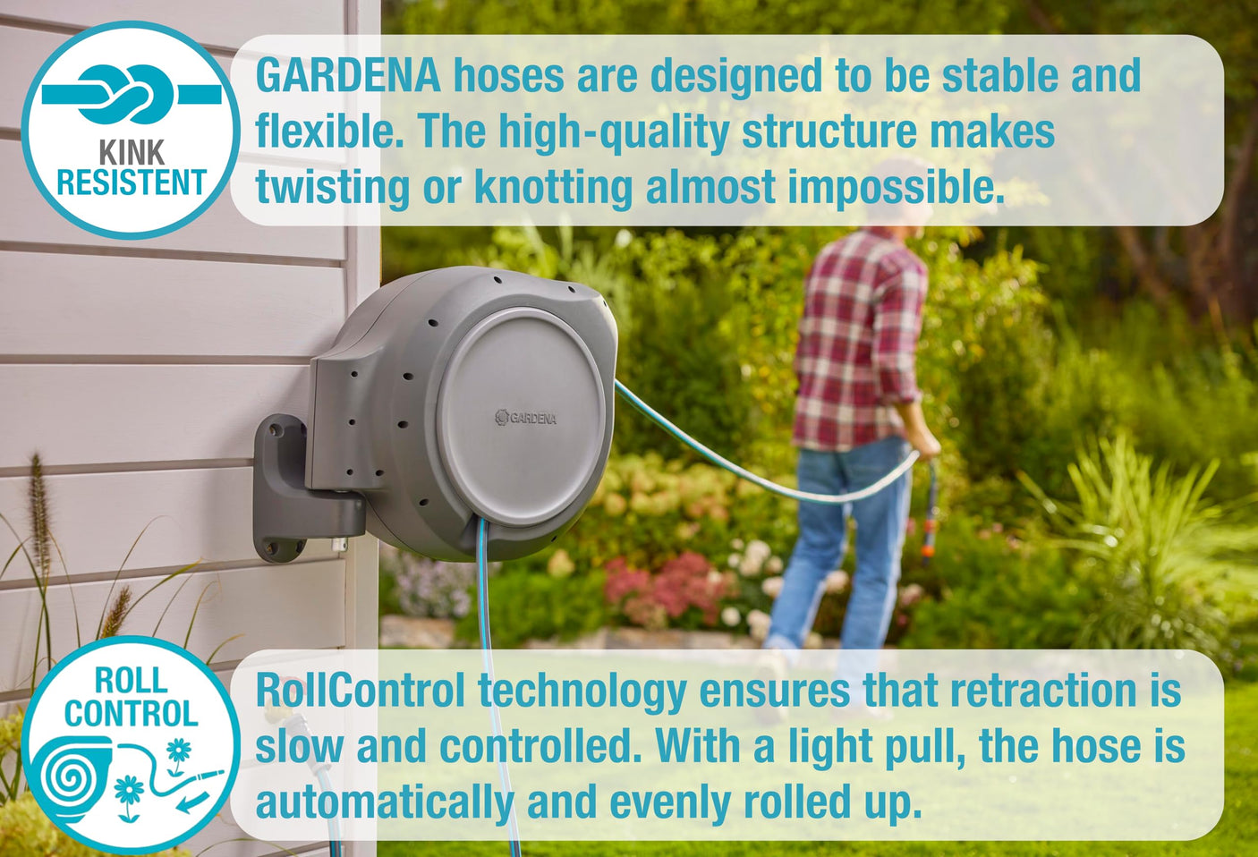 GARDENA 20505, 100' Retractable Garden Hose Reel with US Hose Threads - 100' x 1/2" hose, Automatic Retraction & Length Lock for Easy Watering. Heavy Duty Swivel Bracket 180°, Includes Nozzle.