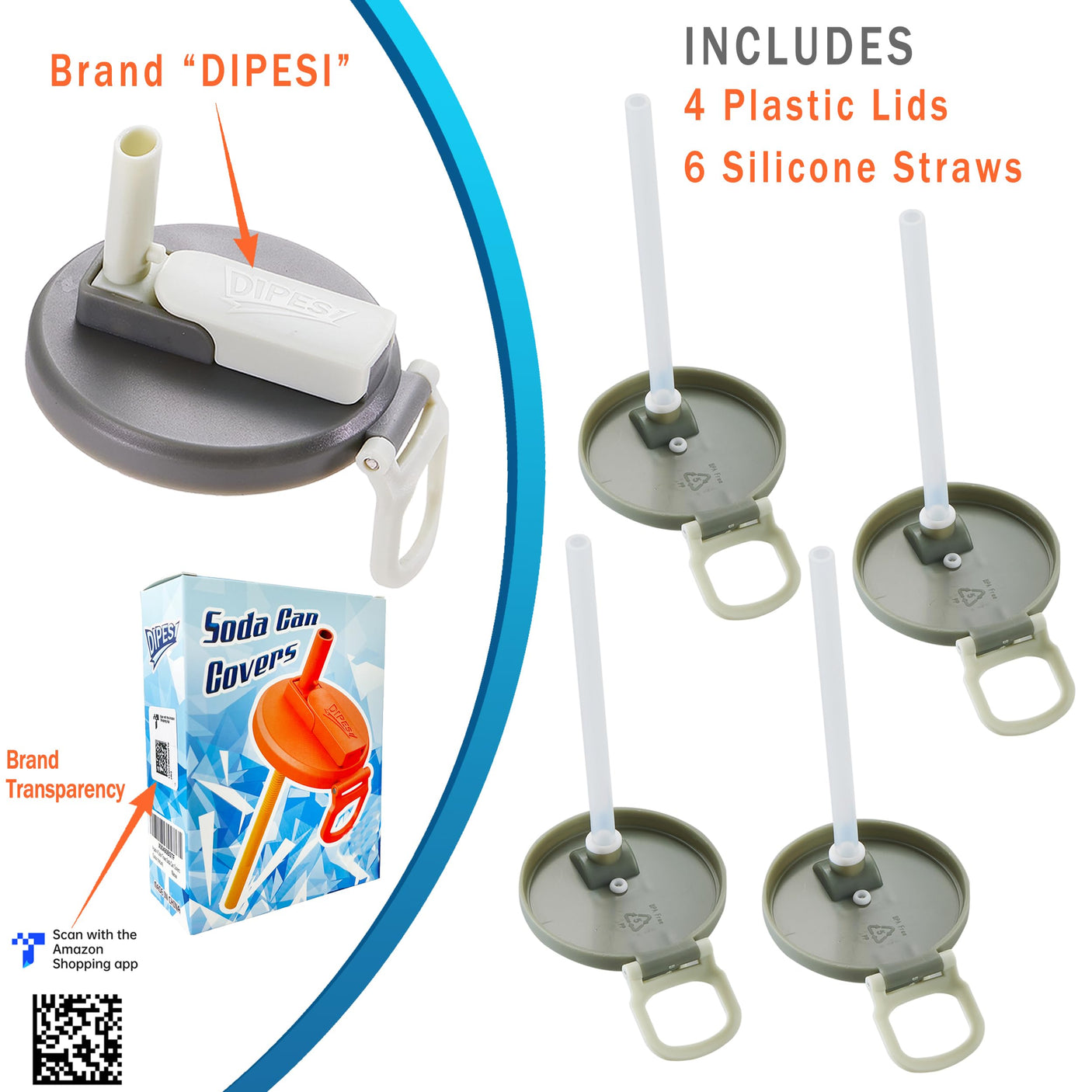 4-pack 4 Color Soda Can Lids with straw, Soda Can Covers with Silicone straw BPA-Free Reusable For Fits standard For Canned Beverage, Beer, Juice,Seltzer. (Colour mixture)