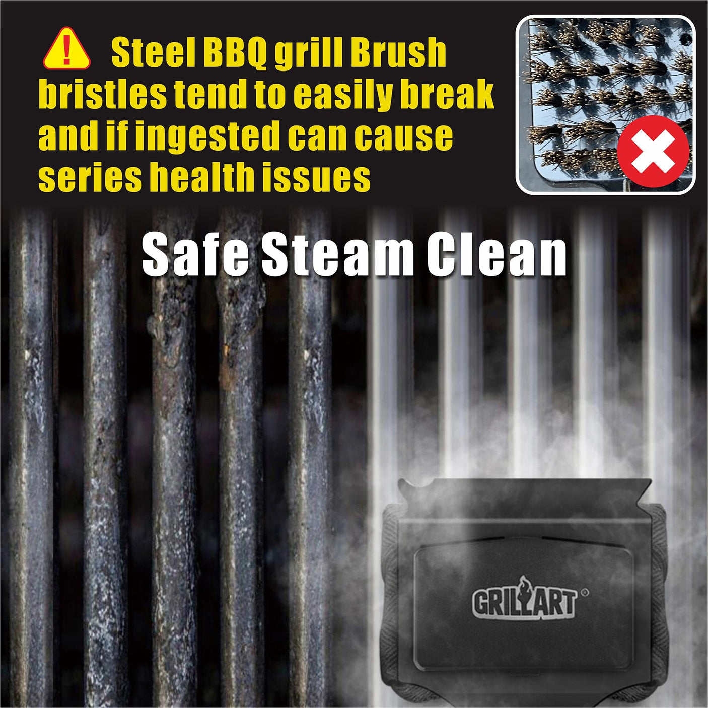 GRILLART Grill Brush Bristle Free. SteamWizards BBQ Replaceable Cleaning Head, Unique Seamless-Fit Scraper Tool for Cast Iron/Stainless-Steel Grates, Safe Barbecue Grill Cleaner-Red