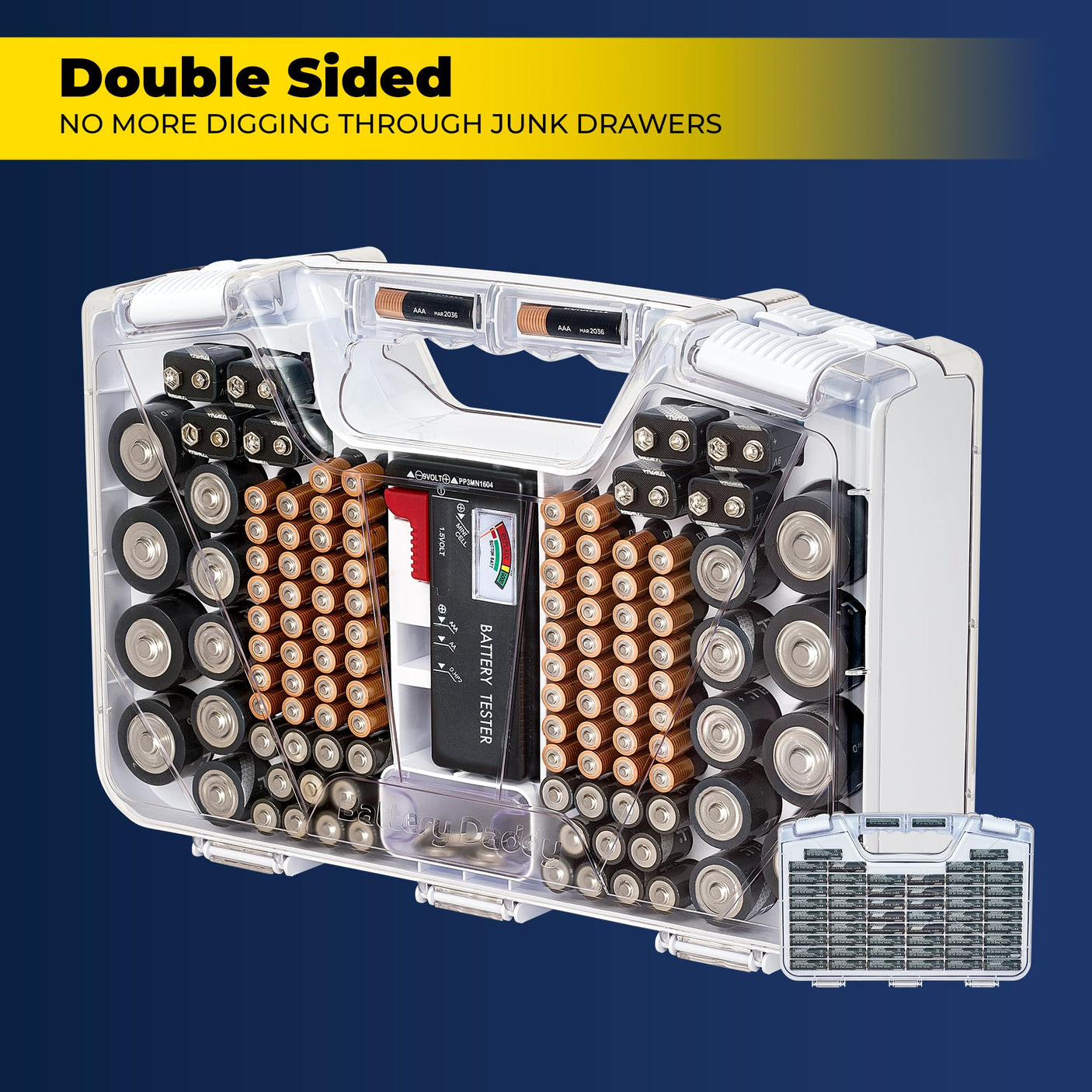Ontel Battery Daddy Storage & Organizer Case with Tester, Stores & Protects Up to 180 Batteries, Double-Sided, Durable Design W/Clear Locking Lid, Secure Latches & Portable Carrying Handle- Warm Grey