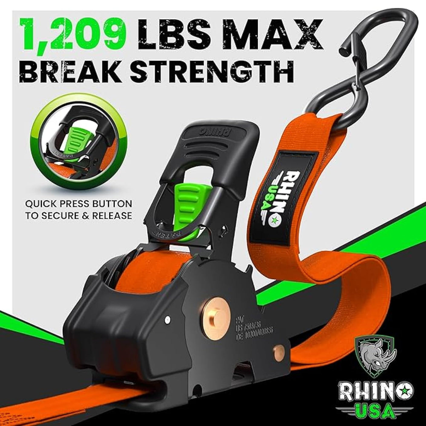 Rhino USA Retractable Ratchet Straps (4-Pack) - 1 Inch x 10 Feet (1,209lb Break Strength) - Heavy Duty Auto Self Retracting Tie Down Straps for Truck, Cargo Trailer, Motorcycle, Rad & More - Green
