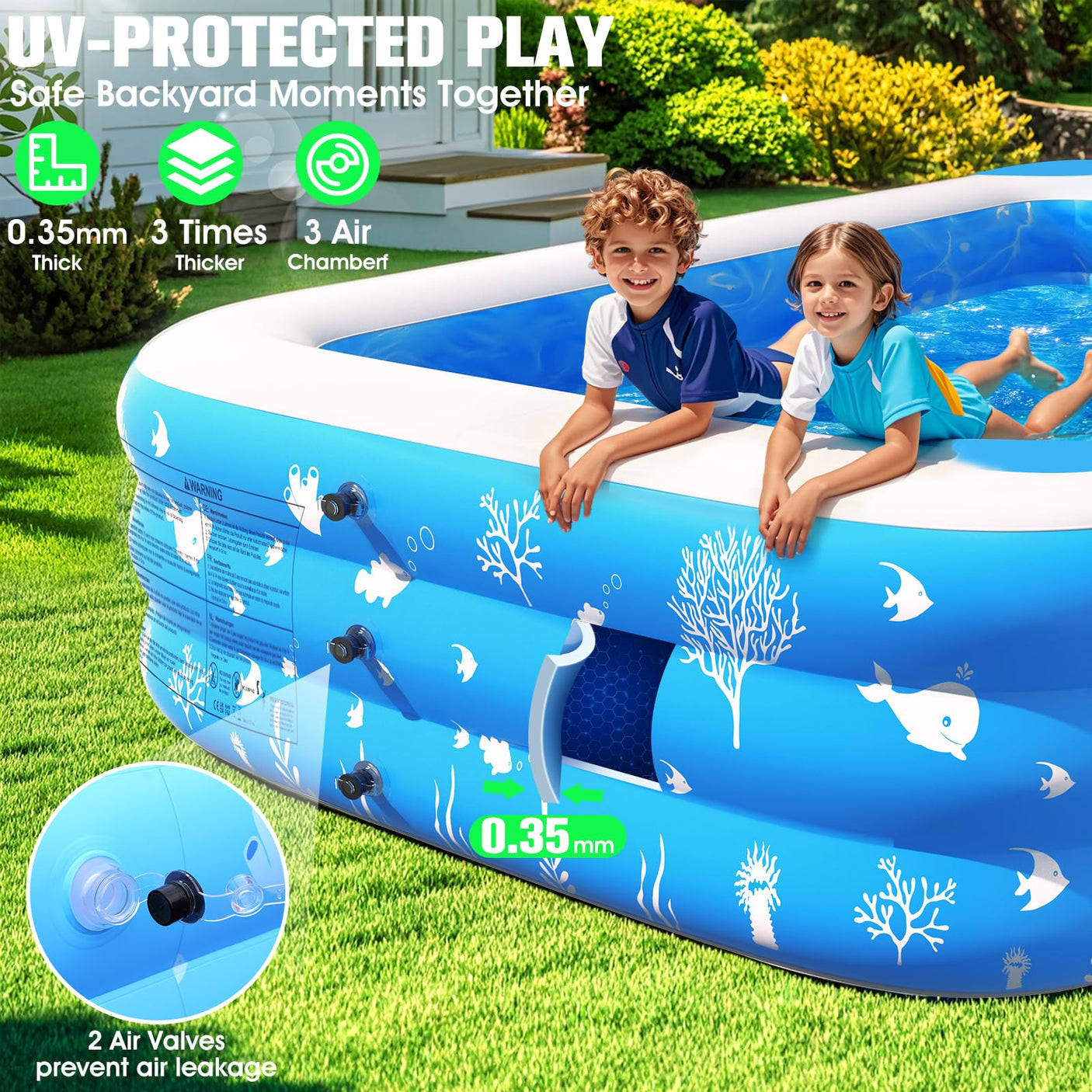 Inflatable Pool with Seat and Pool Lights, Durable Thickened Large Size Family Inflatable Pools for Adults Blow Up Pools,100" x 63" x 22"Swimming Inflatable Kids PooI for Backyard,Outdoor (White)